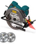 Enventor front view circular saw with laser guide, 7-1/4 inch, blue, includes two blades (40T/24T).