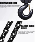 Manual Chain Hoist With Dual Heavy Duty Hooks For Garages Warehouses Auto Shops And Heavy Lifting Equipment 3.2 Ton Capacity 5 Feet Lift Nickel Plated Chain Alloy Steel Hooks Easy Hand Powered Lifting, showing close-up of hook and carbon chain