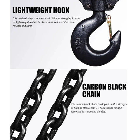 Manual Chain Hoist With Dual Heavy Duty Hooks For Garages Warehouses Auto Shops And Heavy Lifting Equipment 3.2 Ton Capacity 5 Feet Lift Nickel Plated Chain Alloy Steel Hooks Easy Hand Powered Lifting, showing close-up of hook and carbon chain