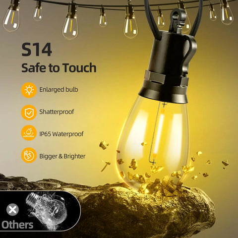 50ft Solar String Lights Outdoor With Remote Control S14 Bulbs Dimmable 3 Modes Waterproof And Shatterproof S14 bulb