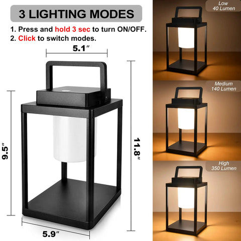 Rechargeable Outdoor Table Lantern With USB Port No Wires Needed, 350 Lumen Cordless Lamp with 3 Level Touch Control