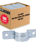 100 Pack 2 Hole 3 Quarter Inch Rigid EMT Pipe Straps, Heavy-Duty Zinc-Plated Steel Clips With Reinforced Rib, box view
