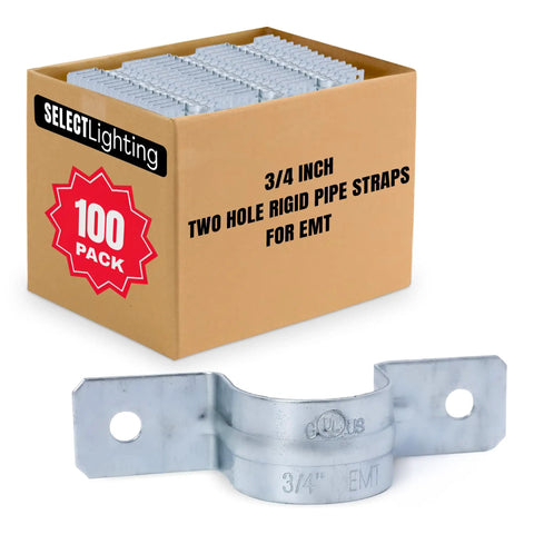 100 Pack 2 Hole 3 Quarter Inch Rigid EMT Pipe Straps, Heavy-Duty Zinc-Plated Steel Clips With Reinforced Rib, box view