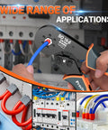 Person using Ferrule Crimping Tool Kit Upgrade Double And Single Ferrules Connectors With Hexagonal Ratchet Jaw Wire Crimping Pliers AWG 28 To 5 And 1200 Pcs Terminal Connector Sleeves on electrical panel.