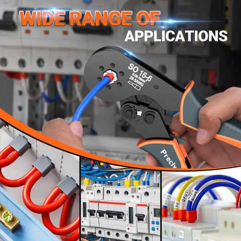 Person using Ferrule Crimping Tool Kit Upgrade Double And Single Ferrules Connectors With Hexagonal Ratchet Jaw Wire Crimping Pliers AWG 28 To 5 And 1200 Pcs Terminal Connector Sleeves on electrical panel.