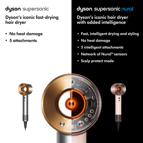 Comparison of Dyson Supersonic and Nural Smart Hair Dryer With No Heat Damage, 5 Attachments, and Scalp Health Mode
