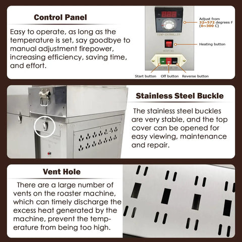 Commercial Coffee Roaster And Nut Roaster Drum Machine control panel, stainless steel buckle, and vent hole features.