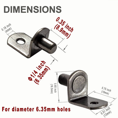 Dimensions diagram of Gun Metal Color L Shaped Shelf Pins One Quarter Inch Diameter For Kitchen Cabinets Closets And Bookcases Twenty Pack