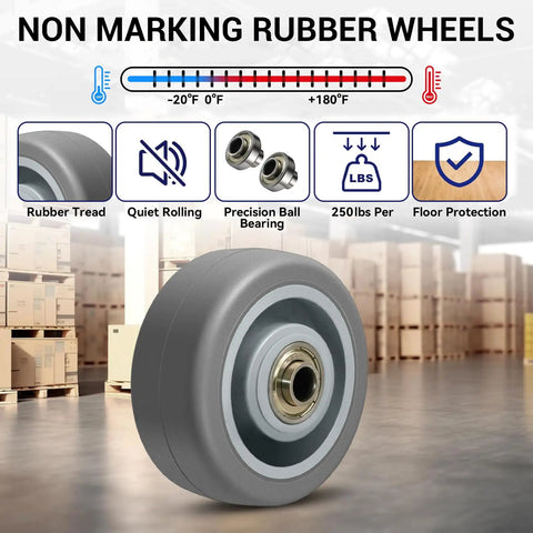 Heavy Duty Rubber Caster Wheels Set Of Four With 1000 Pound Capacity Non Marking Industrial Grade Replacement Casters For Cart Dolly Trolley Hella Smooth Rolling Performance, non marking rubber wheel with precision ball bearing.