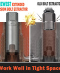 Newest extended deep bolt extractor vs old extractor, shown in tight space. Deep Bolt Extractor Kit Five Piece Set For Spark Plugs Bolts Lug Nuts Studs Screws With Deep Well Design For Tight Spaces And Deep Holes Easy Out Socket Set To Remove Stripped Broken Or Damaged Hardware For DIYers.