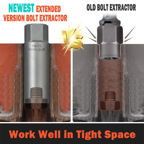 Newest extended deep bolt extractor vs old extractor, shown in tight space. Deep Bolt Extractor Kit Five Piece Set For Spark Plugs Bolts Lug Nuts Studs Screws With Deep Well Design For Tight Spaces And Deep Holes Easy Out Socket Set To Remove Stripped Broken Or Damaged Hardware For DIYers.