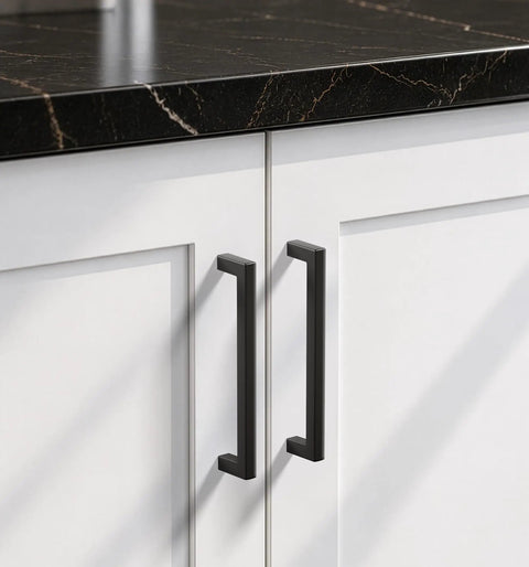 Bombproof Solid Zinc Alloy Matte Black Cabinet Handles 5 Inch Center To Center Kitchen Pulls 10 Pack on white kitchen cabinets.