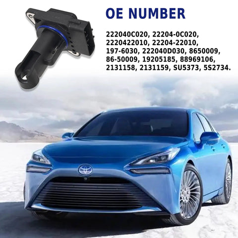 Plug And Play Drop In MAF Sensor Replacement 22204 22010 For Toyota Camry with OE numbers displayed and car image