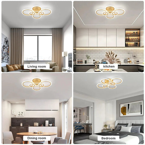 Modern LED Ceiling Light With Six Ring Gold Finish Flush Mount Fixture 4000K Neutral White Lighting in various rooms