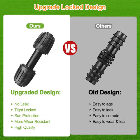 Upgrade locked design comparison in 1/2 Inch Drip Irrigation Fittings Kit, 20 Piece DIY Set For Barbed Tees End Caps Valves Elbows Reducing Tees And Connectors