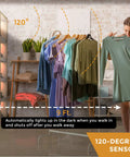 Motion Activated LED Lights With 20 LEDs, 3 Color Modes, illuminating a closet space with hanging clothes, showing sensor range.