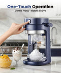 Oplace Home Shaved Ice Machine Electric Snow Cone Maker with Auto Press Button near bowls of shaved ice and slushies.