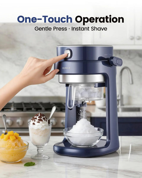 Oplace Home Shaved Ice Machine Electric Snow Cone Maker with Auto Press Button near bowls of shaved ice and slushies.