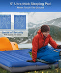 Double Camping Sleeping Pad Comfy 6 Inch Thick Self Inflating 2 Person Mat With Built In Pillow Built In Foot Pump Waterproof And Portable For Backpacking Tent Hiking Navy Gray outdoors with camper in red jacket.