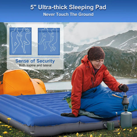 Double Camping Sleeping Pad Comfy 6 Inch Thick Self Inflating 2 Person Mat With Built In Pillow Built In Foot Pump Waterproof And Portable For Backpacking Tent Hiking Navy Gray outdoors with camper in red jacket.