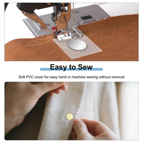 40 Piece Sew In Magnetic Snap Closures For Thin Fabric Up To 2 Mm being sewn onto fabric with a sewing machine and hand sewing.