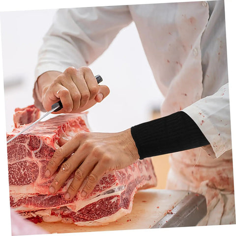 2 Pairs Cut Resistant Arm Sleeves Heavy Slash Proof Arm Guards For Welding Gardening And Mechanic Jobs Built Tough With Breathable PE Mesh in use while cutting meat.