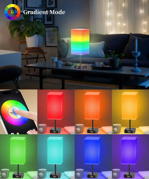 Gradient lighting from Bluetooth WiFi RGB Bedside Lamp With 3 USB Ports And 2 Outlets Power Strip Dimmable LED Bulb Music Sync