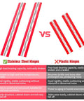 Comparison of stainless steel and plastic hinges highlighting durability, load capacity, and humidity resistance for Built Rugged 4 Piece Self Adhesive Acrylic Piano Hinge Set Continuous Door Clip Heavy Duty Cabinet Hardware Dead Simple Install Super Smooth Glide For Garage And Workshop.