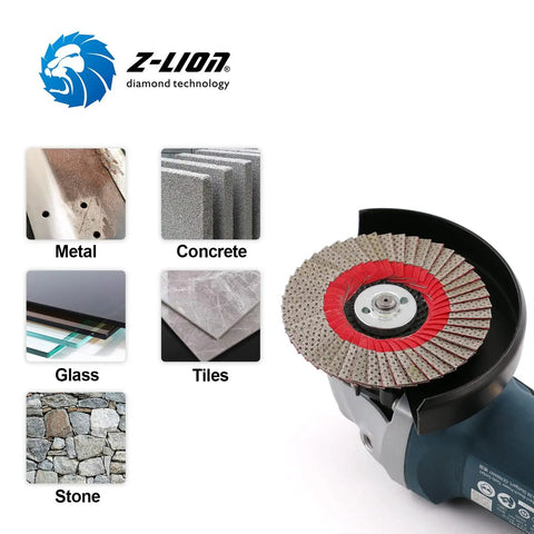 4 Inch Diamond Flap Disc for Fast Material Removal on ceramic, glass, granite, marble, plastic, and concrete, shown on grinder