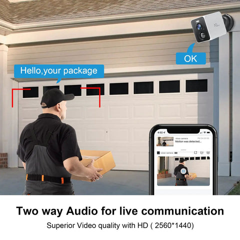 Outdoor Wireless Security Camera Battery Powered 2.5K FHD Color Night Vision With Motion Detection And Spotlight Alexa Compatible focusing on delivery interaction.