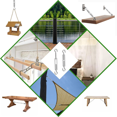Collage showcasing uses of Six Pack M6 Hook And Hook Turnbuckles Set for cable railing and wire rope tensioning in stainless steel.