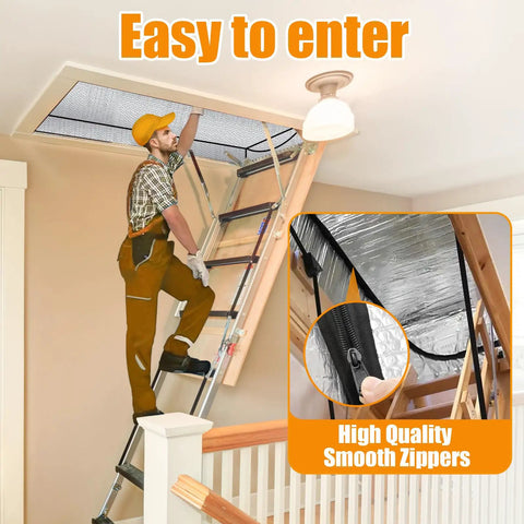 Worker installing Energy Saving Attic Door Insulation Cover For Pull Down Stairs 54x25x11 Double Bubble Reflective Attic Tent
