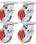 Heavy Duty 4 Inch Industrial Casters With Secure Rolling Brakes 3200 Lbs Capacity Polyurethane Treads Set Of Four seen from front angle.