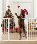 Dog behind Auto Close Safety Baby Gate For Stairs And Doorways, Extra Tall And Wide, Walk Through Design, Christmas decorations