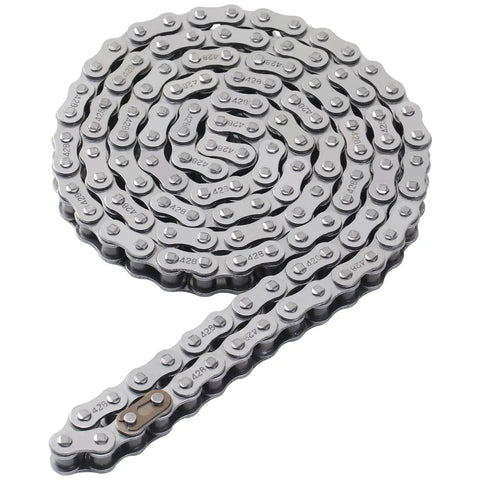 Close-up of 428 Drive Chain 116 Links with Chain Breaker Tool for 110cc 125cc Dirt Bikes ATVs Go Karts Quad, metal links coiled