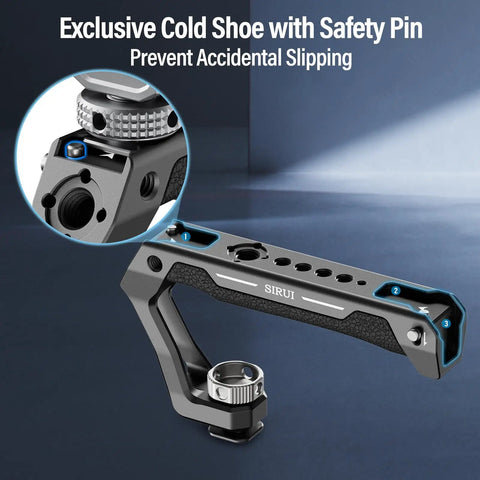 Universal Camera Cage Top Handle With Cold Shoe Mount And Anti Off Safety Pin Grippy Silicone Grip And Multiple Mounting Points For Rig