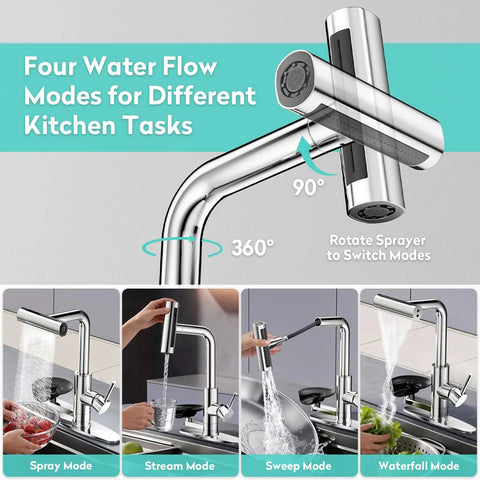 KAIYING Waterfall Kitchen Faucet with Pull Down Sprayer & Glass Rinser showing four water flow modes and 360-degree rotation.
