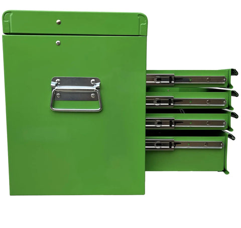Side view of Portable 24 Inch Steel Tool Chest With Six Drawers And Ball Bearing Slides, Lockable Center Cam, Green Metal Tool Storage Box