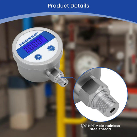 Budget Friendly Digital Pressure Gauge With 2.5 Inch Blue Backlit LCD 0 To 200 PSI All Stainless Steel Case One Quarter Inch NPT Connection One Percent Accuracy For Precise Readouts In Harsh Environments, showing 1/4 inch NPT thread.
