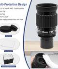 1.25 Inch 10mm Ultra Wide Angle Eyepiece With Filter Thread For Telescopes, shown with cleaning cloth and caps