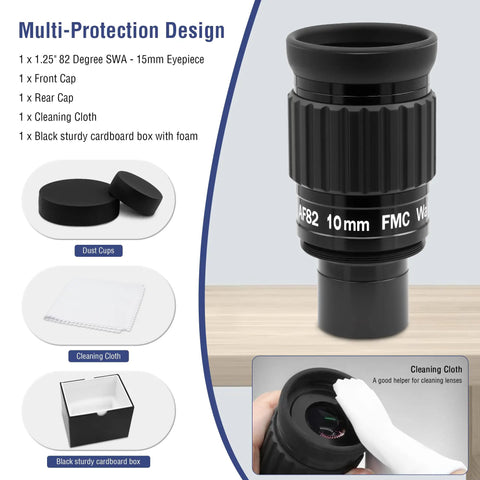 1.25 Inch 10mm Ultra Wide Angle Eyepiece With Filter Thread For Telescopes, shown with cleaning cloth and caps