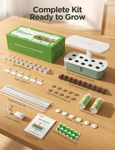 Complete kit of smart indoor hydroponic garden system with app and WiFi control for home use, 24W full spectrum grow light, 10 pod planter