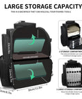 Diagram of All Weather Fishing Backpack With Rod Holders And Tackle Storage showing large storage compartments and dimensions.