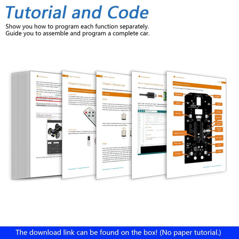 Stack of Freenove Mecanum Wheel Car Kit tutorial pages labeled Tutorial and Code.