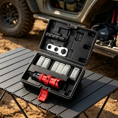 Heavy Duty Electric Rivet Adapter Kit With Premium Aluminum Housing And Textured Grip For Versatile DIY Projects Plus M4 Through 10mm Size Compatibility For Pros On The Go open case with red adapter and rivet heads