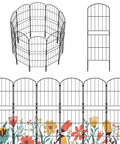 38 Inch High Arched Decorative Garden Fence With Plastic Stakes for Easy Assembly, shown in circular and linear configurations.