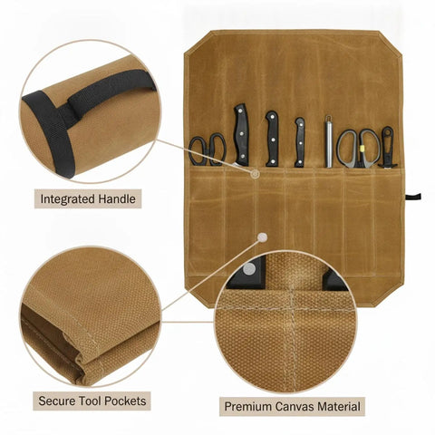 Open canvas knife roll bag with handle for travel and camping, showing tool pockets, knives, and premium canvas material.