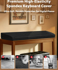 88 Keys Piano Keyboard Dust Cover Stretchy Protective Shield With Elastic Cord Locking Clasp Universal Fit For All 88 Keys Digital Pianos And Keyboards A Must Have Piano Gear displayed on wooden piano.
