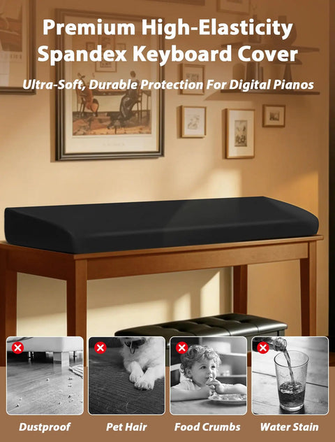 88 Keys Piano Keyboard Dust Cover Stretchy Protective Shield With Elastic Cord Locking Clasp Universal Fit For All 88 Keys Digital Pianos And Keyboards A Must Have Piano Gear displayed on wooden piano.