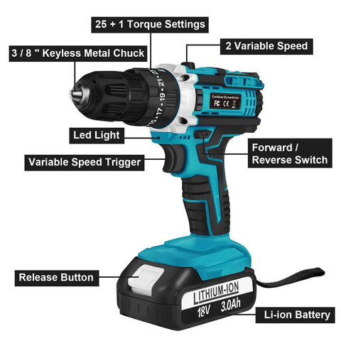 Heavy Duty Cordless Drill Plus Electric Screwdriver Power Tool Set With Rechargeable Battery And Two Speed Settings Plus Twenty Five Torque Adjustments For Slick Crafting Projects That Knock Out Tasks With Zero Sweat close-up of features including torque settings and battery.